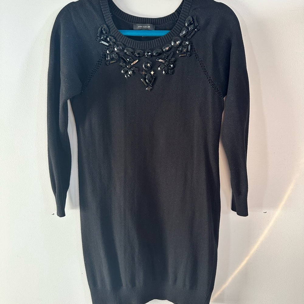 Ann Taylor Black Long Sleeve Embellished Sweater Dress